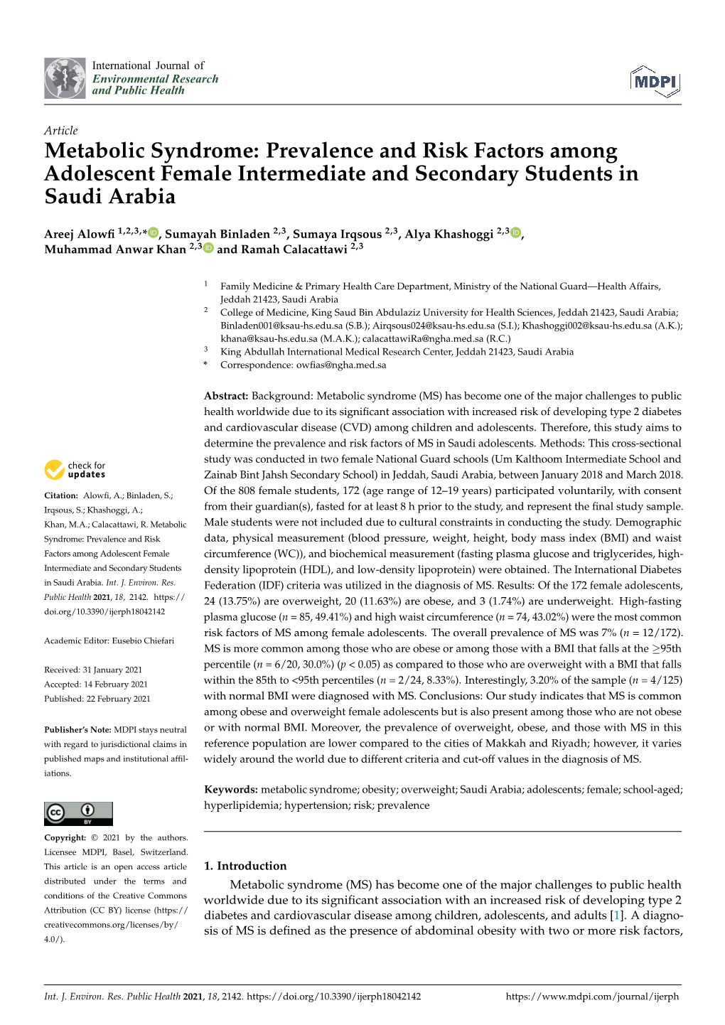 Metabolic Syndrome: Prevalence and Risk Factors Among Adolescent Female Intermediate and Secondary Students in Saudi Arabia