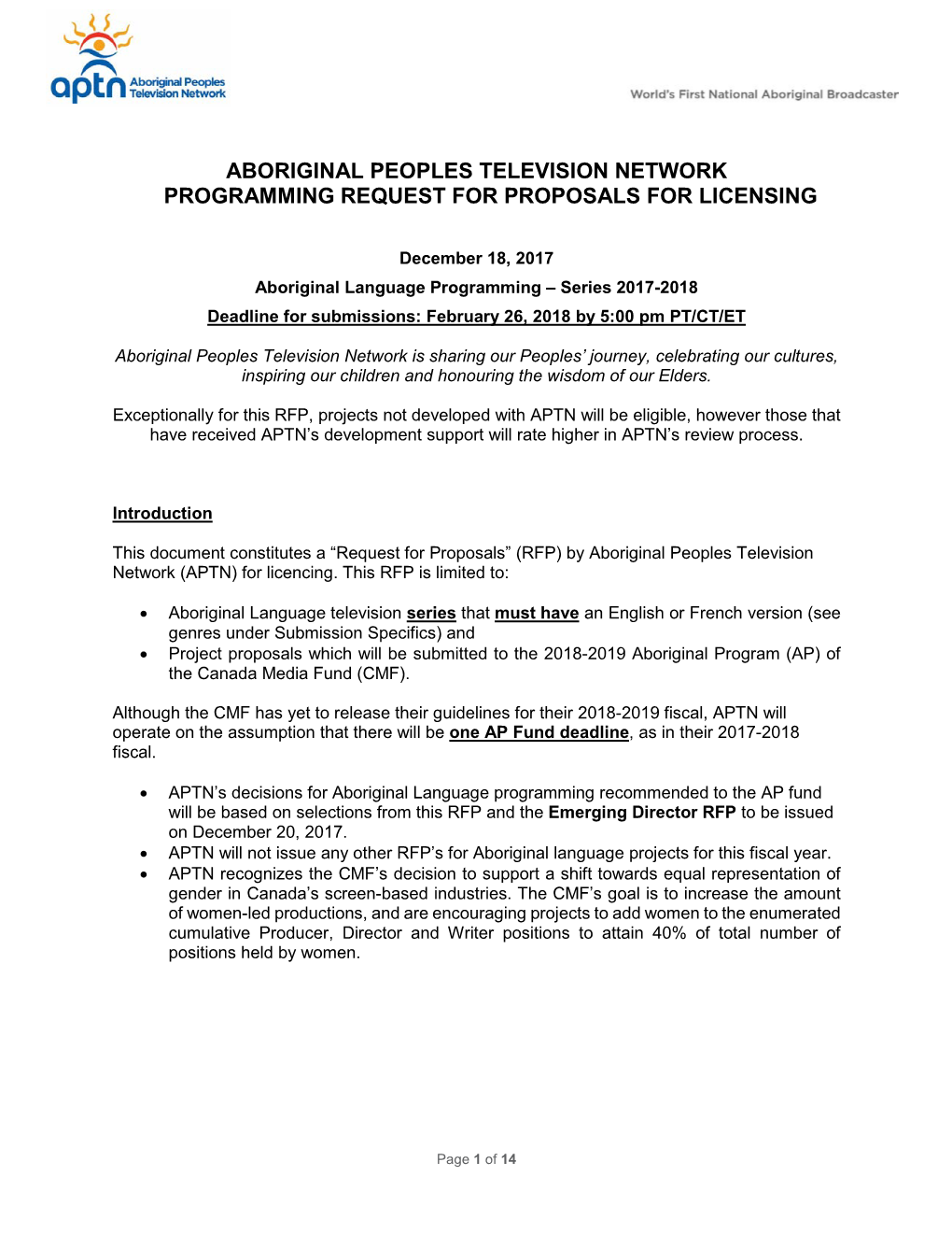 Aboriginal Peoples Television Network Programming Request for Proposals for Licensing