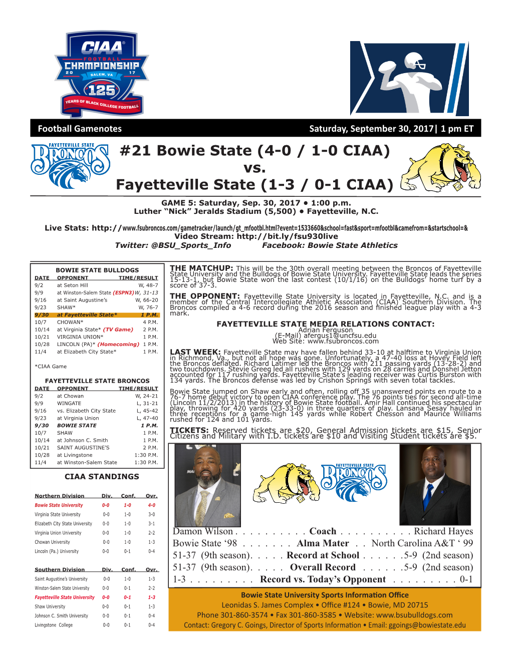 21 Bowie State (4-0 / 1-0 CIAA) Vs. Fayetteville State (1-3 / 0-1 CIAA) GAME 5: Saturday, Sep