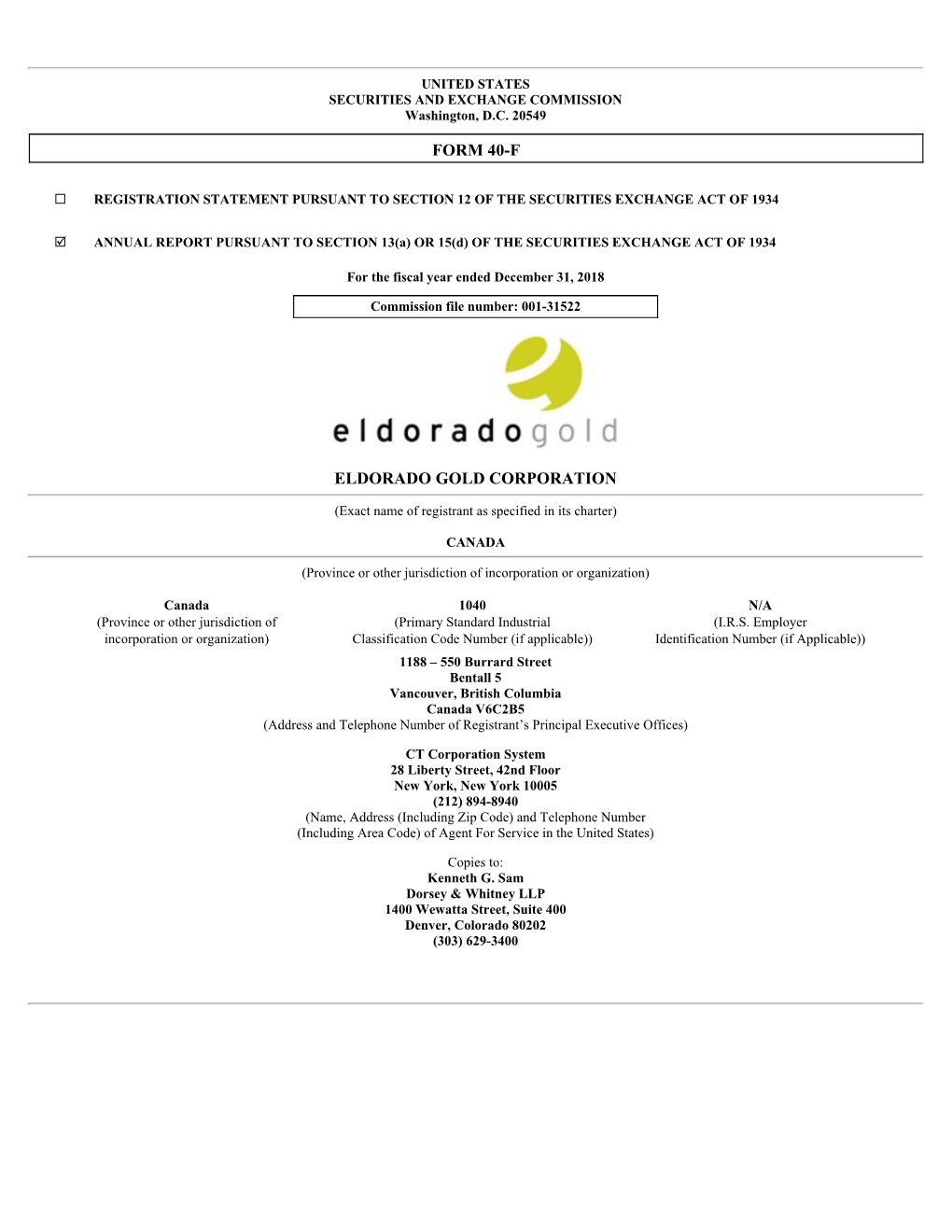 Form 40-F Eldorado Gold Corporation