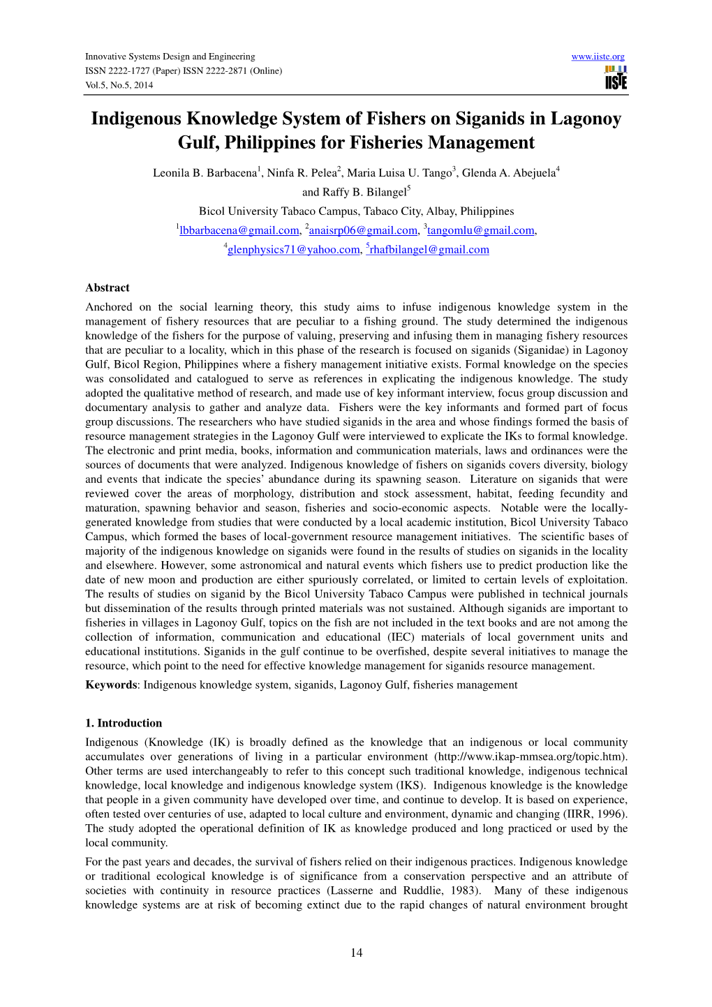 Indigenous Knowledge System of Fishers on Siganids in Lagonoy Gulf, Philippines for Fisheries Management