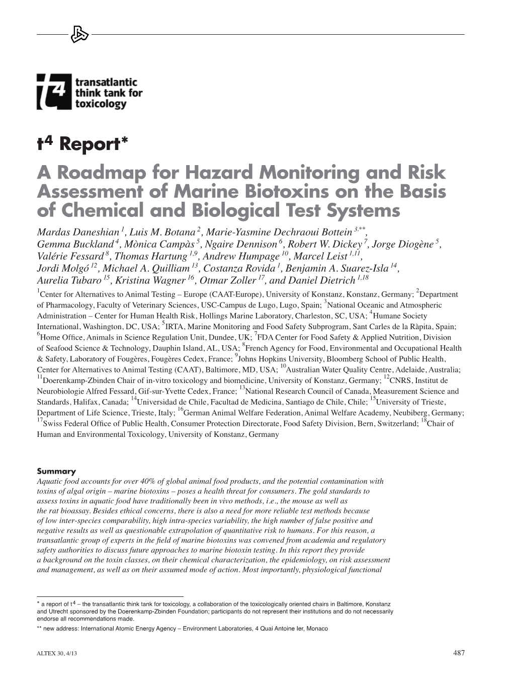 T4 Report* a Roadmap for Hazard Monitoring and Risk Assessment of Marine Biotoxins on the Basis of Chemical and Biological Test Systems Mardas Daneshian 1, Luis M