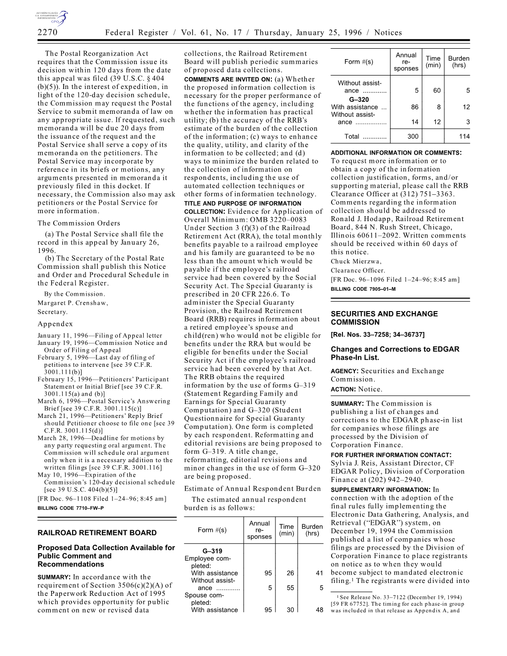 Federal Register / Vol. 61, No. 17 / Thursday, January 25, 1996 / Notices