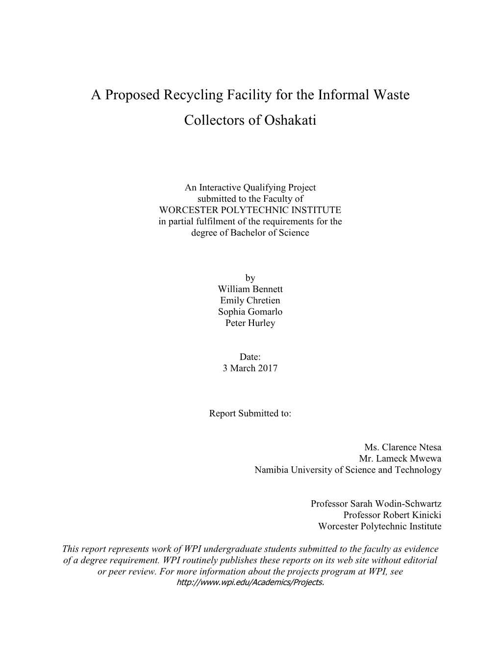 A Proposed Recycling Facility for the Informal Waste Collectors of Oshakati