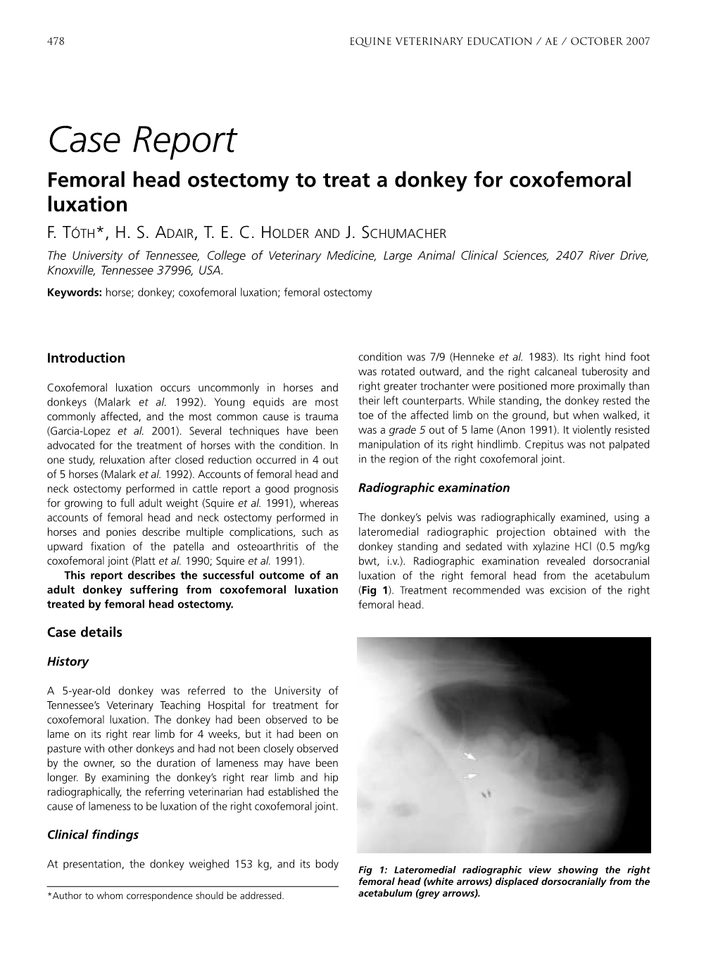 Case Report Femoral Head Ostectomy to Treat a Donkey for Coxofemoral Luxation F