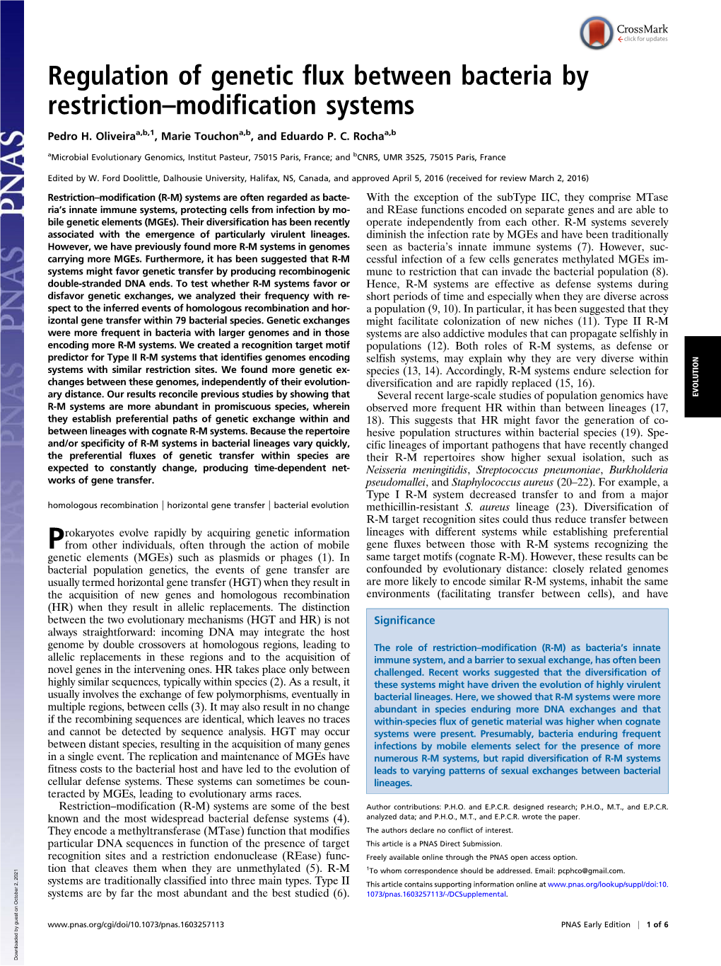 Regulation of Genetic Flux Between Bacteria by Restriction–Modification Systems