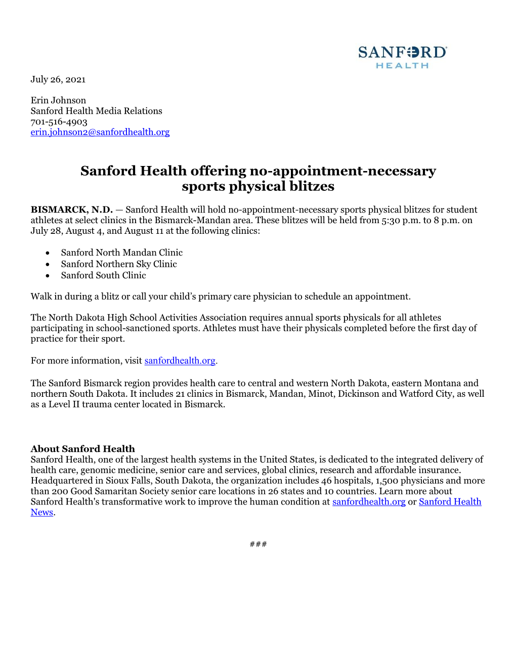 Sanford Health Offering No-Appointment-Necessary Sports Physical Blitzes