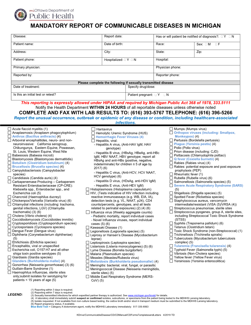 Mandatory Report of Communicable Diseases in Michigan