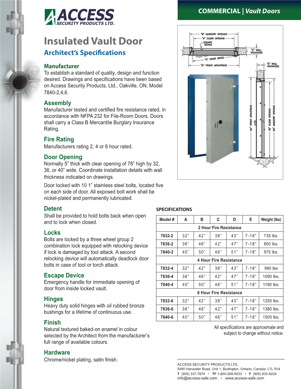 Insulated Vault Door Architect’S Specifi Cations