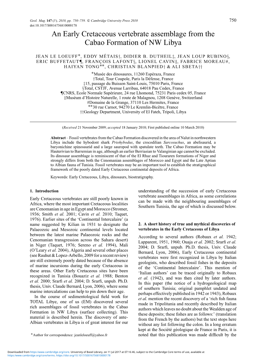 An Early Cretaceous Vertebrate Assemblage from the Cabao Formation of NW Libya