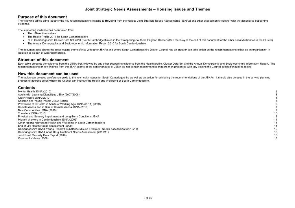 Joint Strategic Needs Assessments Housing Issues and Themes