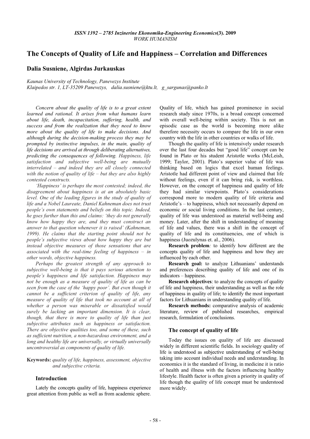 The Concepts of Quality of Life and Happiness – Correlation and Differences