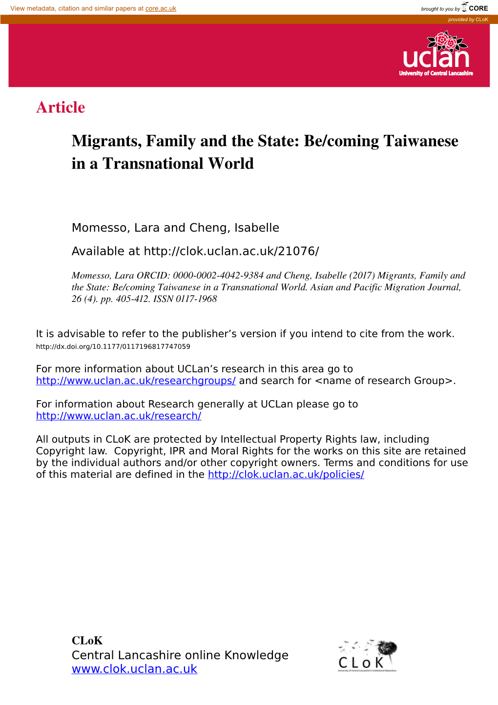 Article Migrants, Family and the State: Be/Coming