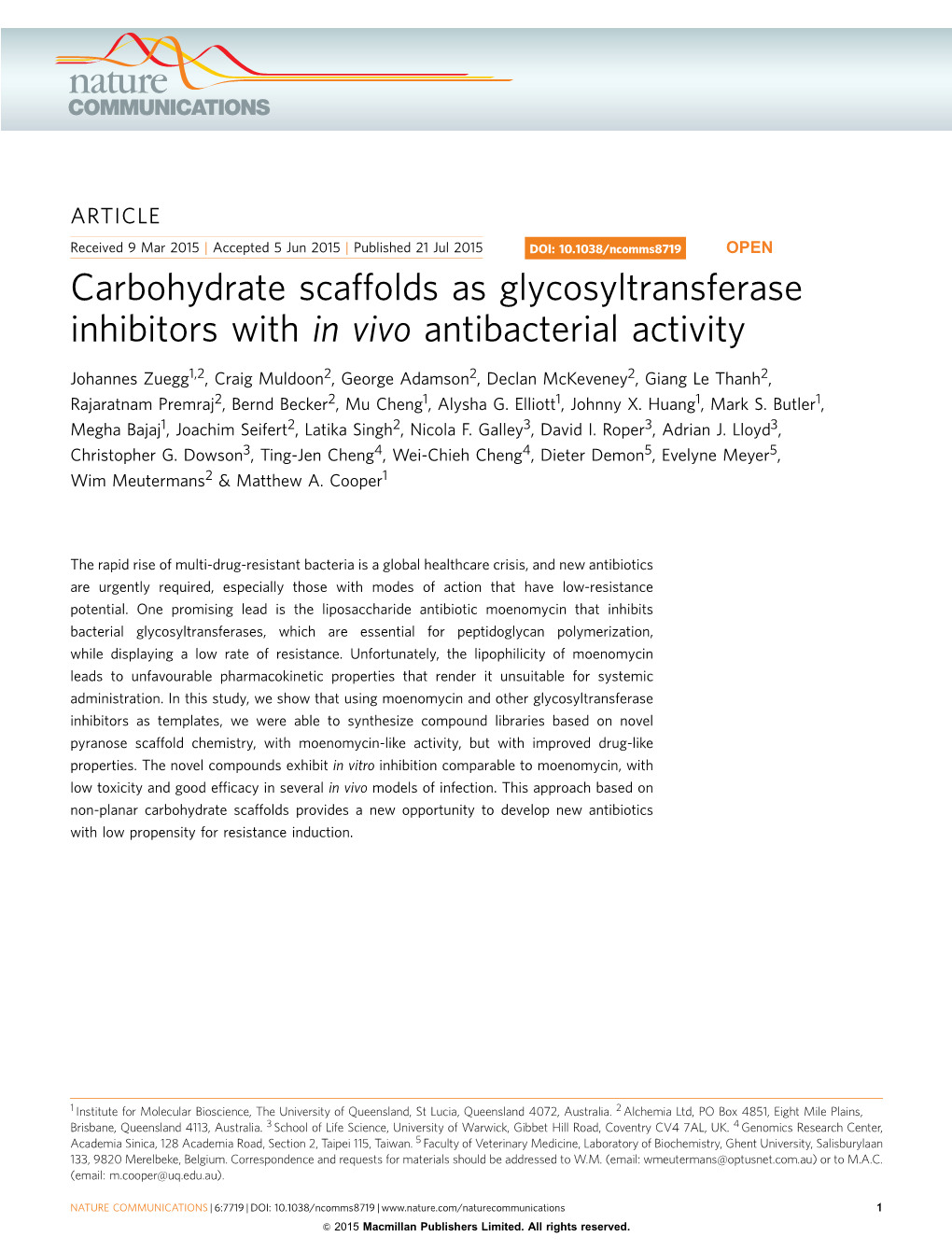 Carbohydrate Scaffolds As Glycosyltransferase Inhibitors with in Vivo Antibacterial Activity