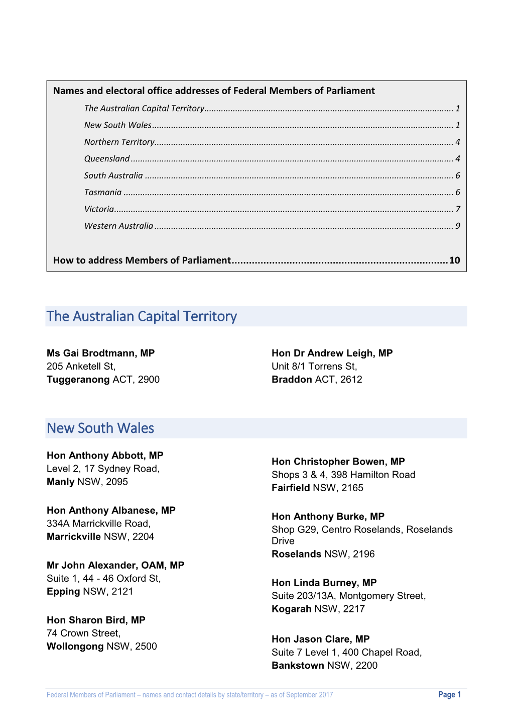 The Australian Capital Territory New South Wales