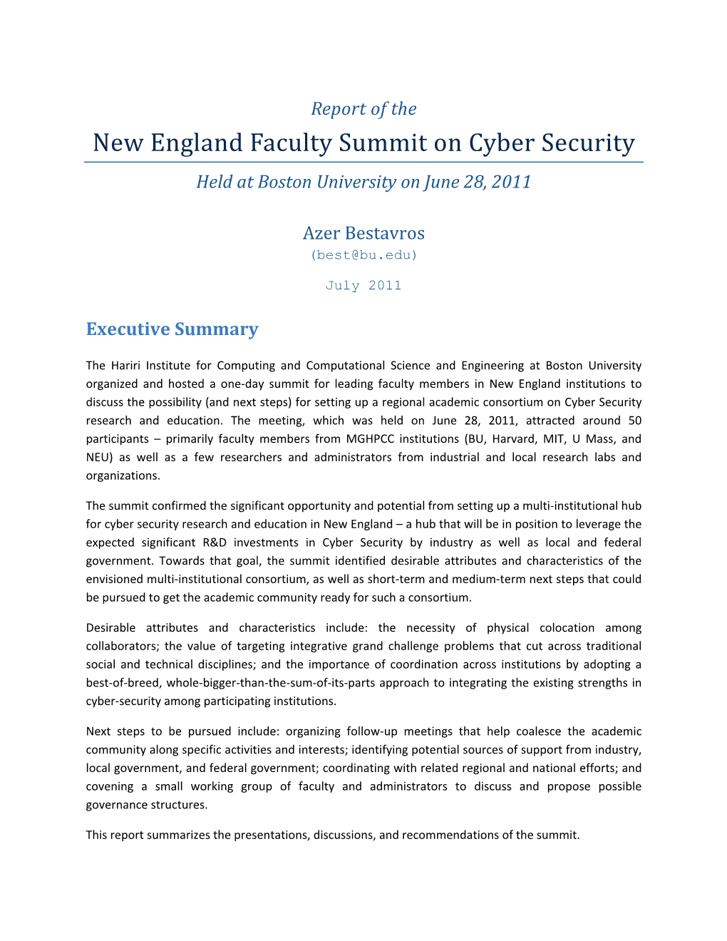 New England Faculty Summit on Cyber Security Held at Boston University on June 28, 2011