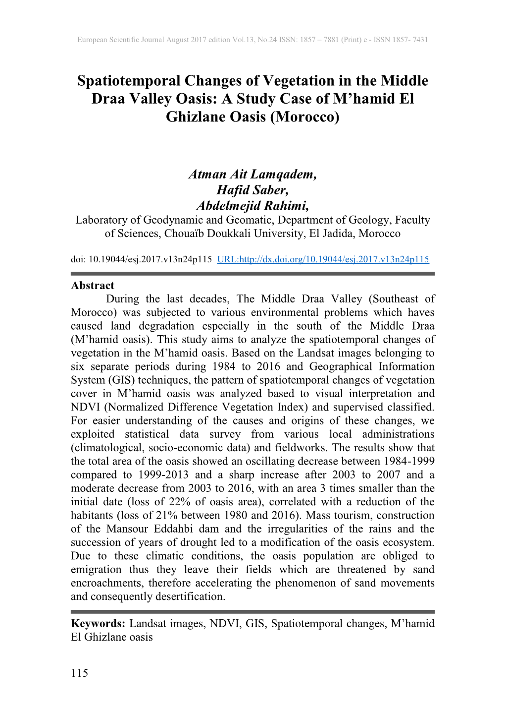 Spatiotemporal Changes of Vegetation in the Middle Draa Valley Oasis: a Study Case of M’Hamid El Ghizlane Oasis (Morocco)