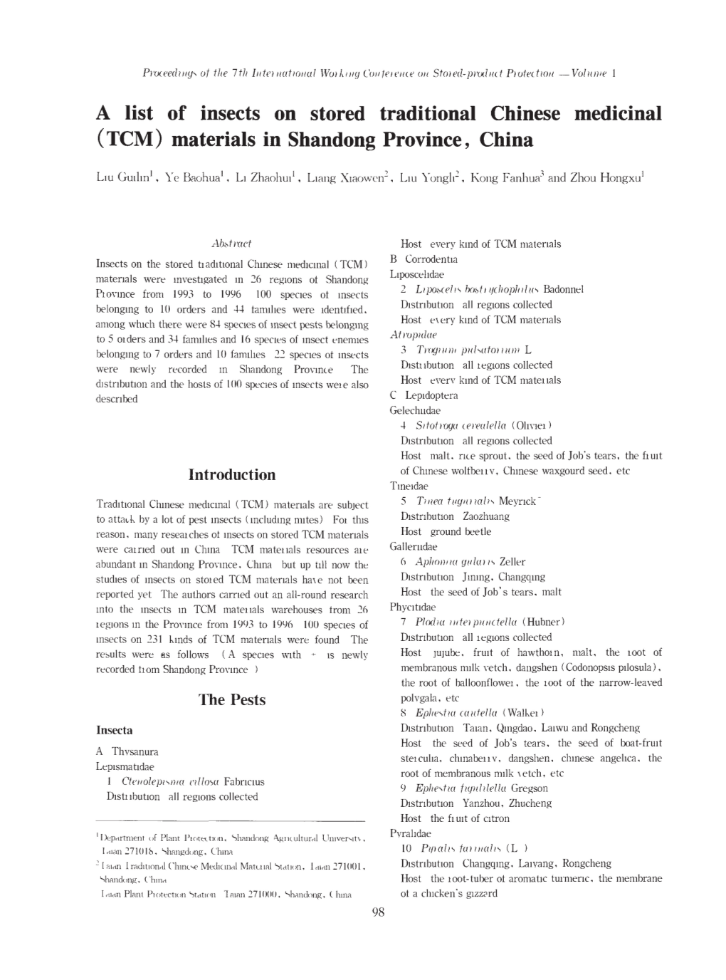 A List of Insects on Stored Traditional Chinese Medicinal (TCM) Materials in Shandong Province, China