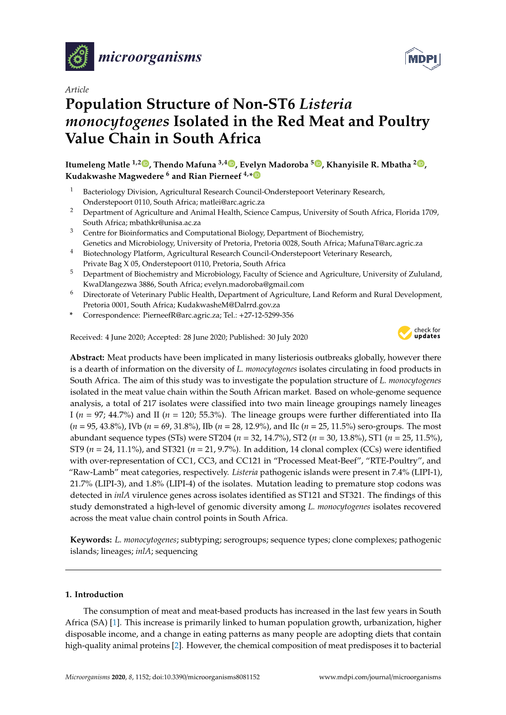 Population Structure of Non-ST6 Listeria Monocytogenes Isolated in the Red Meat and Poultry Value Chain in South Africa