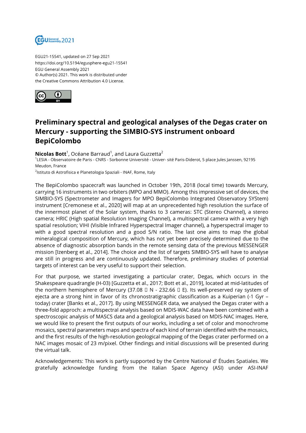 Preliminary Spectral and Geological Analyses of the Degas Crater on Mercury - Supporting the SIMBIO-SYS Instrument Onboard Bepicolombo