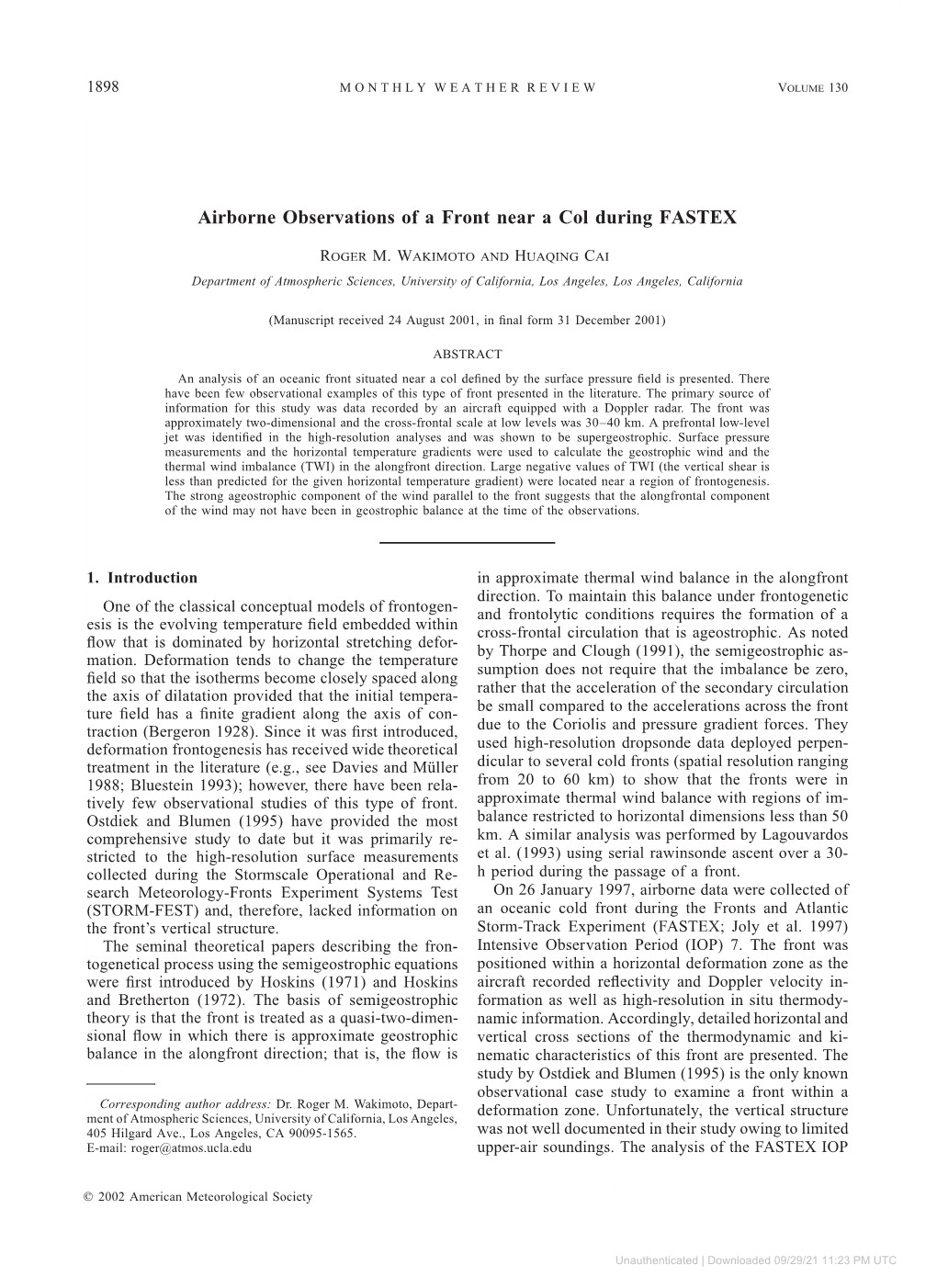 Airborne Observations of a Front Near a Col During FASTEX