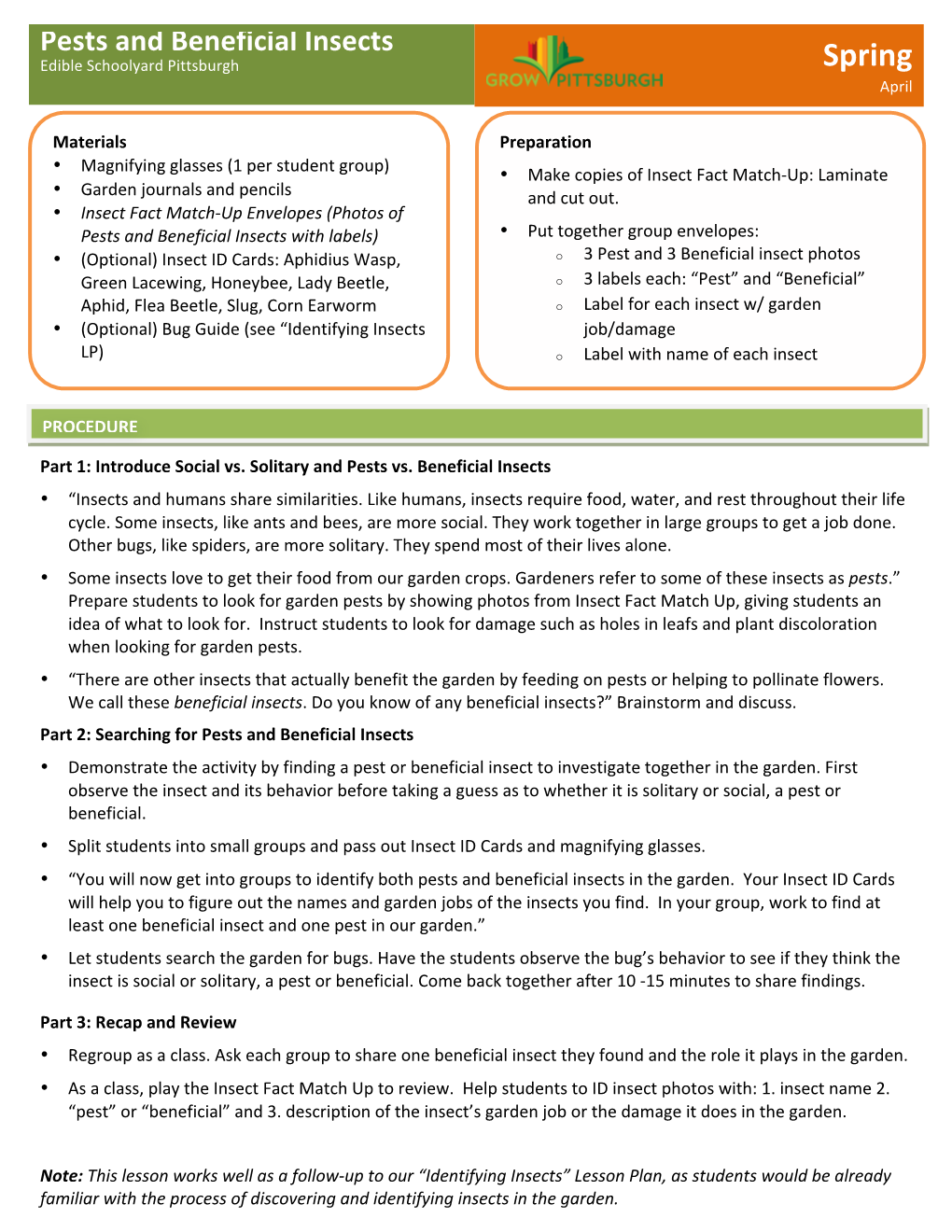 Pests and Beneficial Insects Edible Schoolyard Pittsburgh Spring April