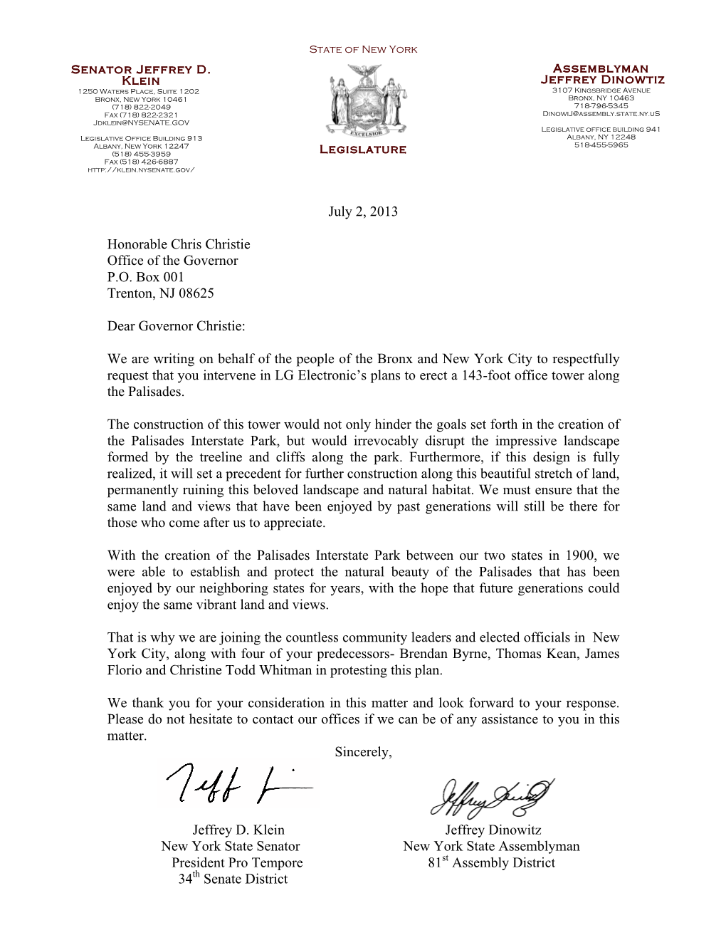 Letter to Governor Christie