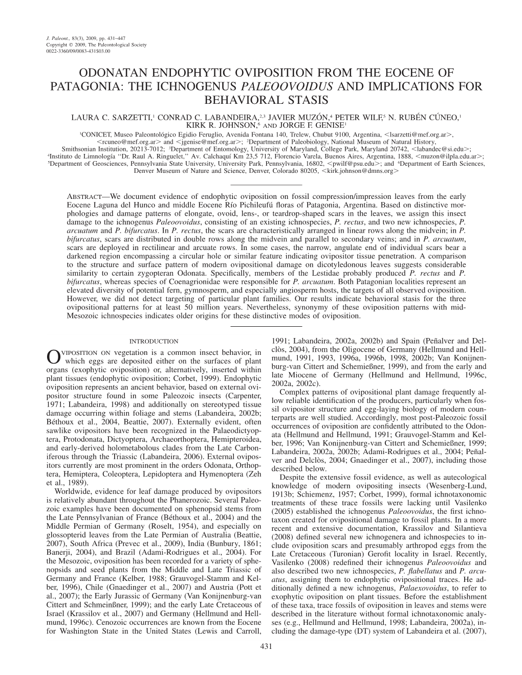 Odonatan Endophytic Oviposition from the Eocene of Patagonia: the Ichnogenus Paleoovoidus and Implications for Behavioral Stasis