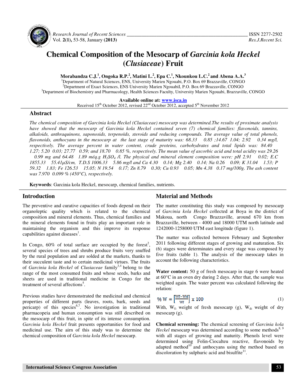 Chemical Composition of the Mesocarp of Garcinia Kola Heckel (Clusiaceae ) Fruit