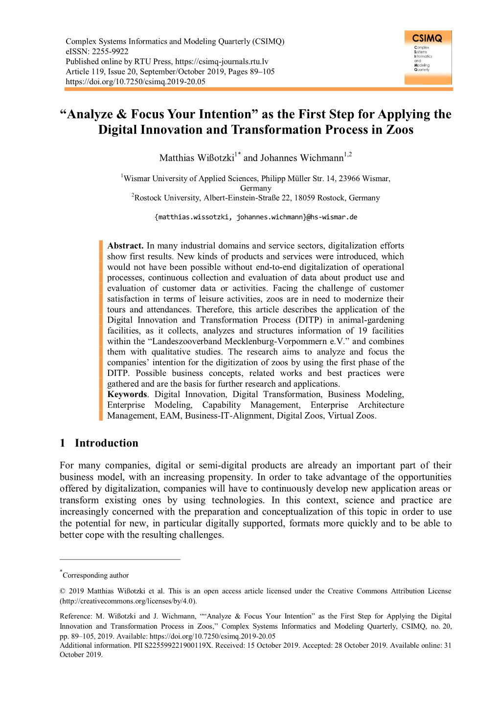 As the First Step for Applying the Digital Innovation and Transformation Process in Zoos