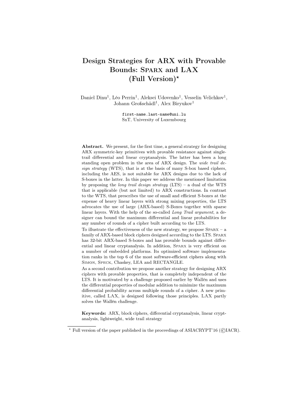 Design Strategies for ARX with Provable Bounds: Sparx and LAX (Full Version)⋆