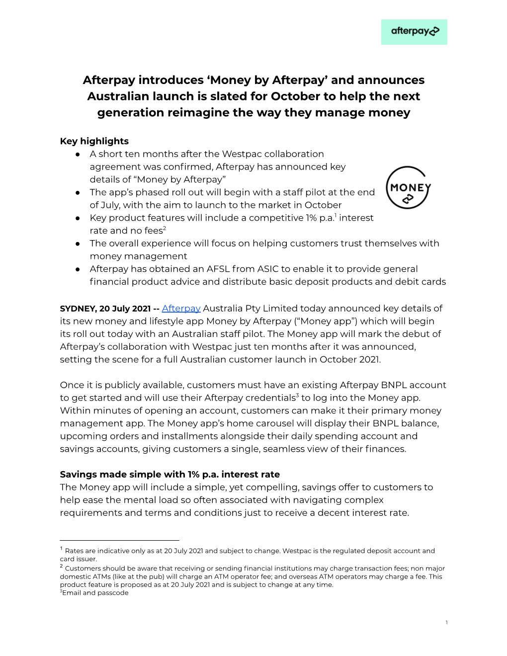 Money by Afterpay Launch Date Media Release