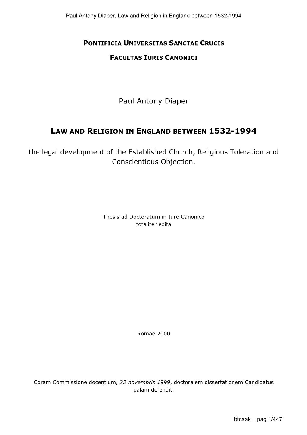 Btcaak P.A. Diaper, Law and Religion in England Between 1532-1994