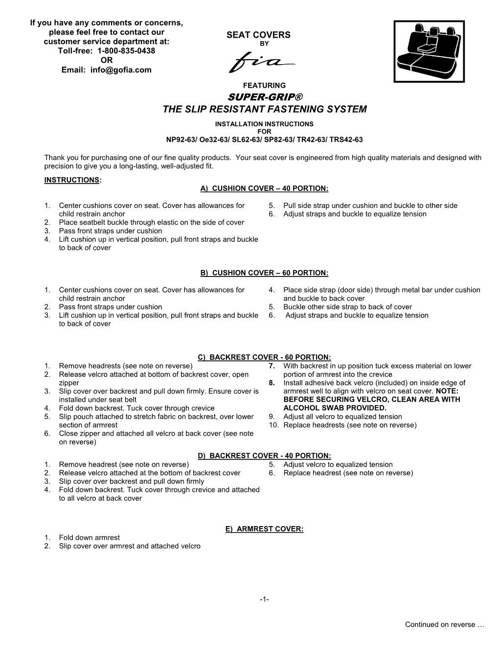 INSTALLATION INSTRUCTIONS for NP92-63/ Oe32-63/ SL62-63/ SP82-63/ TR42-63/ TRS42-63