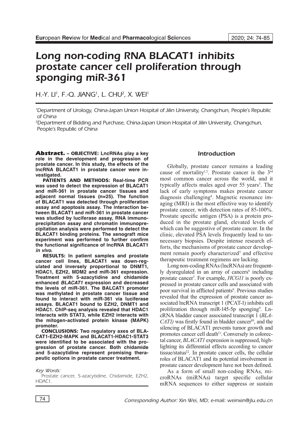 Long Non-Coding RNA BLACAT1 Inhibits Prostate Cancer Cell Proliferation Through Sponging Mir-361