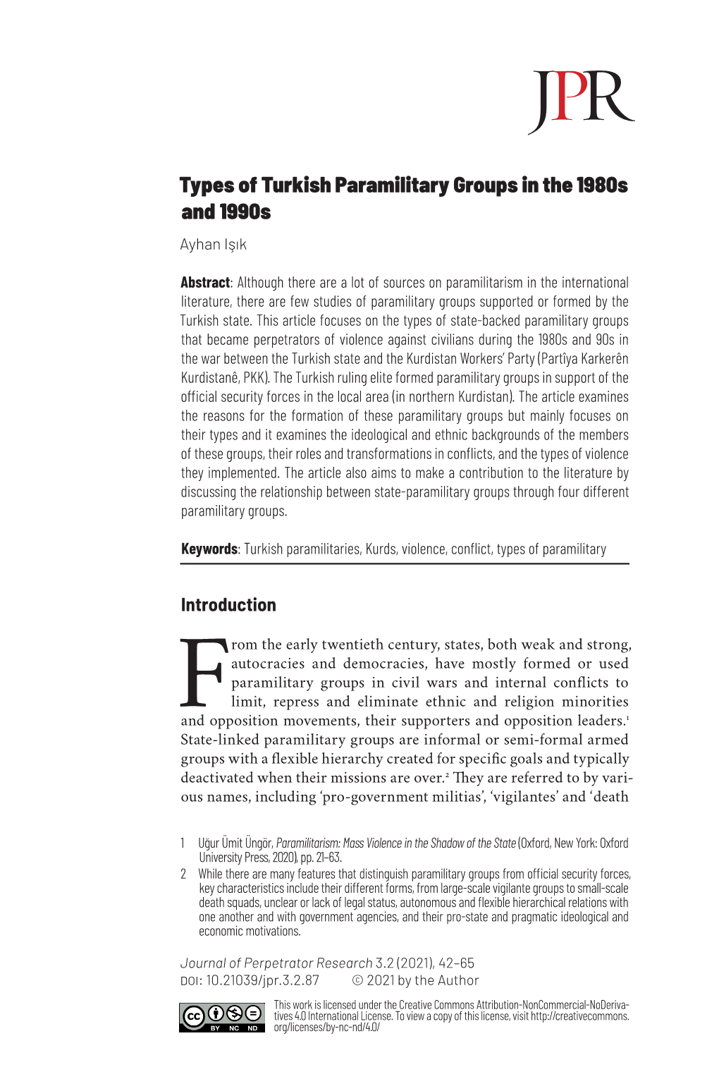 Types of Turkish Paramilitary Groups in the 1980S and 1990S Ayhan Işık