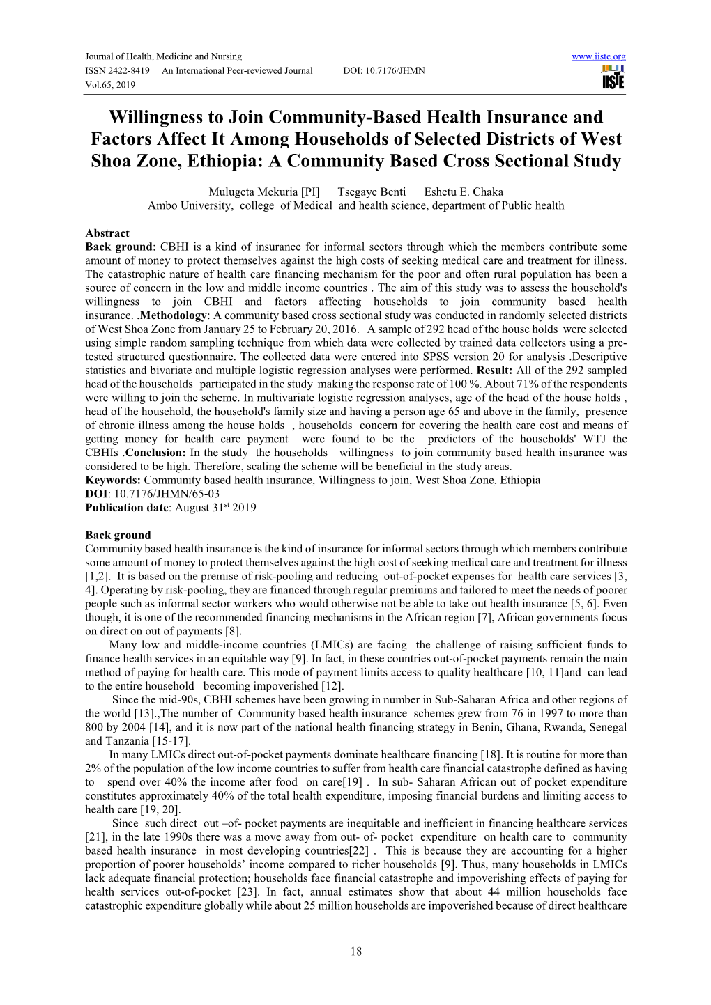 Willingness to Join Community-Based Health Insurance and Factors Affect It Among Households of Selected Districts of West Shoa Z