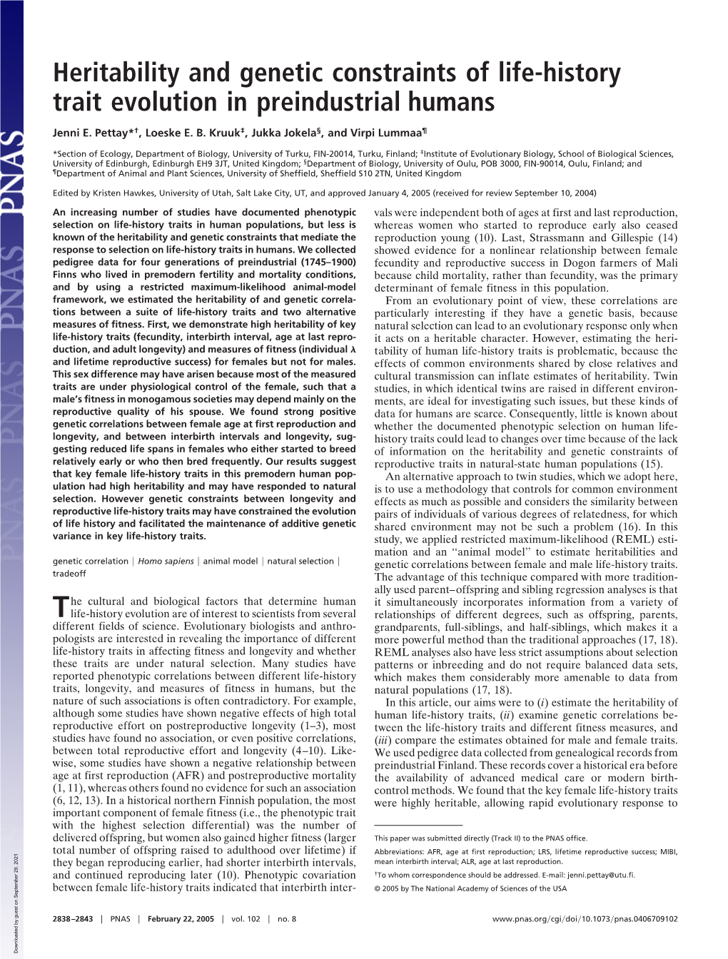 Heritability and Genetic Constraints of Life-History Trait Evolution in Preindustrial Humans