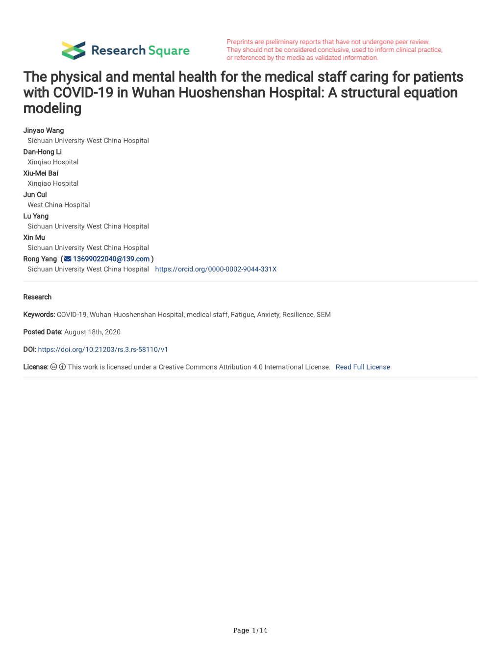 The Physical and Mental Health for the Medical Staff Caring for Patients with COVID-19 in Wuhan Huoshenshan Hospital: a Structural Equation Modeling
