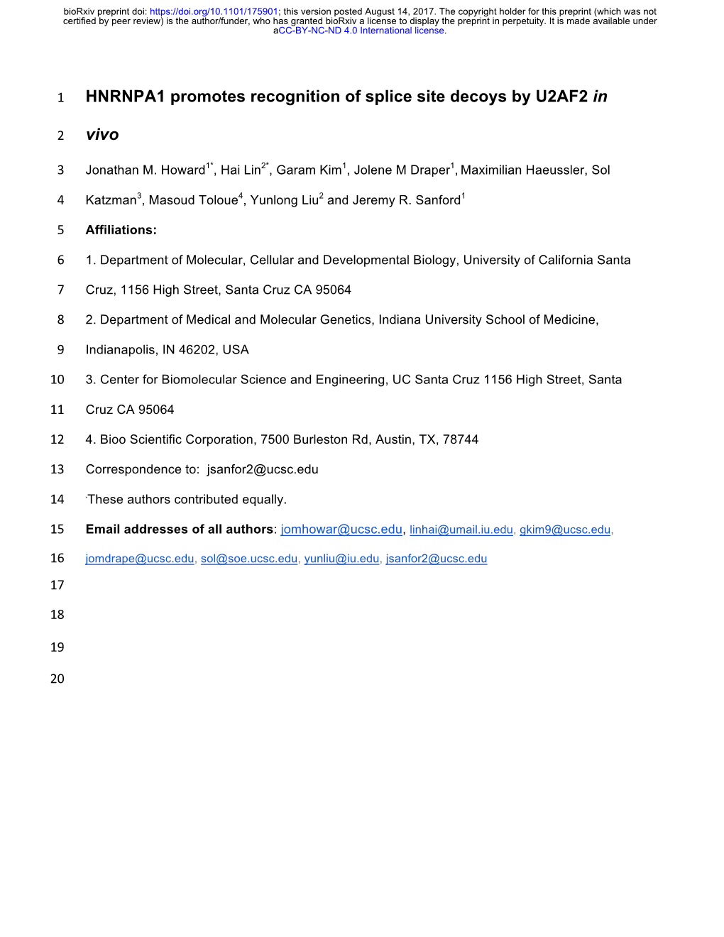 HNRNPA1 Promotes Recognition of Splice Site Decoys by U2AF2 In