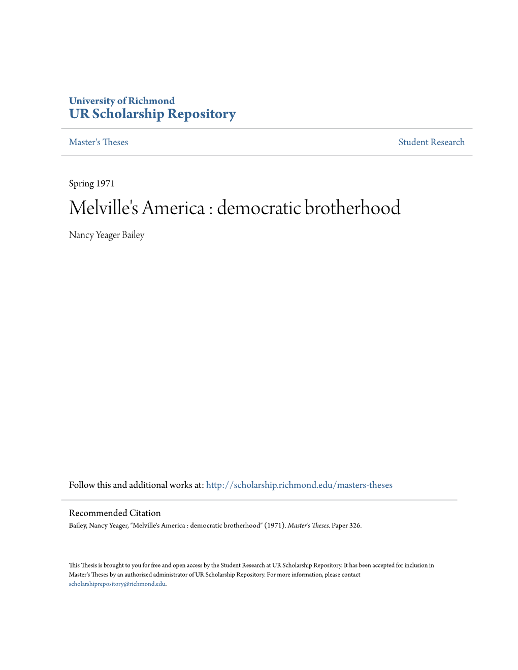 Melville's America : Democratic Brotherhood Nancy Yeager Bailey