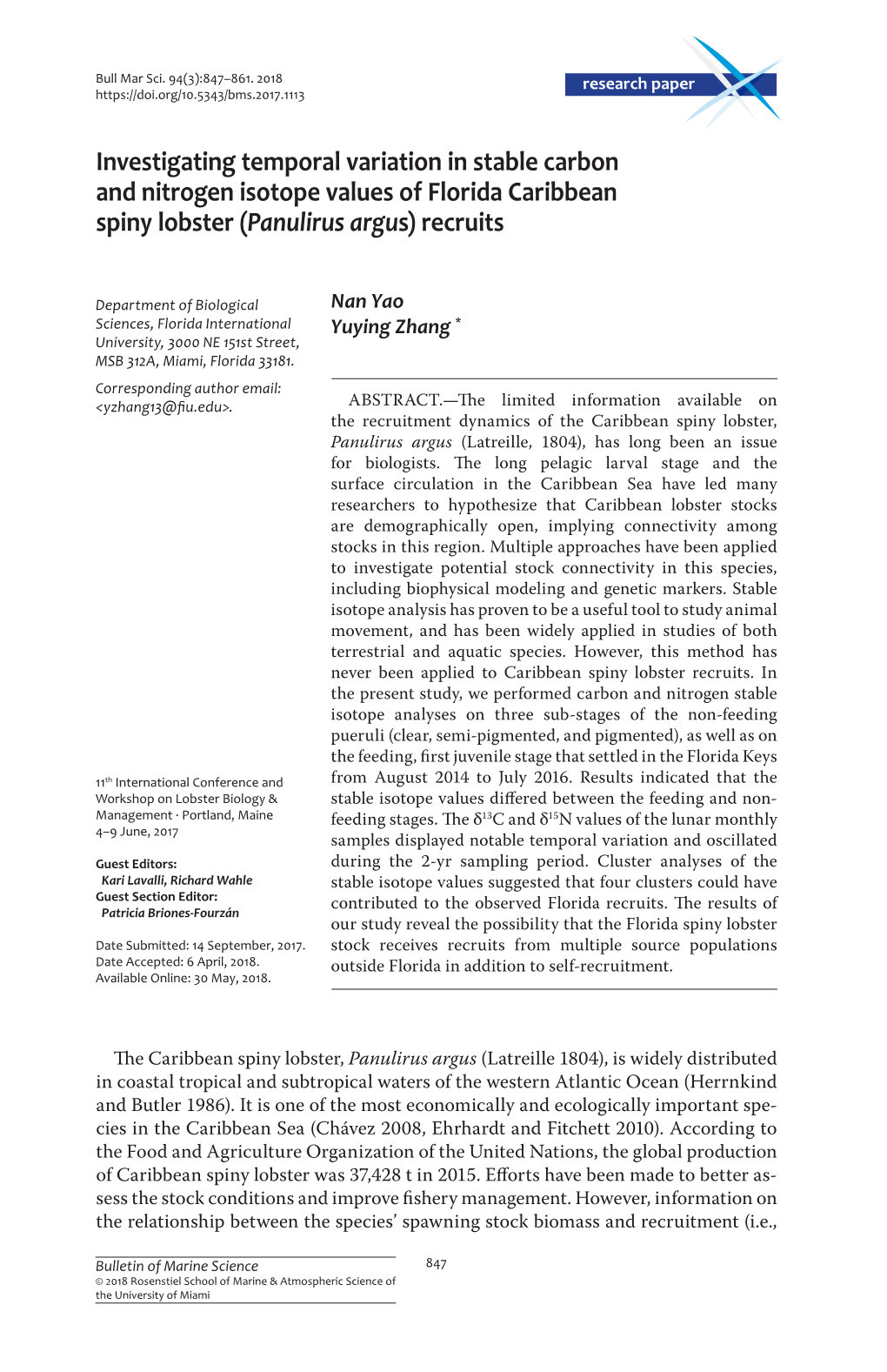 Investigating Temporal Variation in Stable Carbon and Nitrogen Isotope Values of Florida Caribbean Spiny Lobster (Panulirus Argus) Recruits