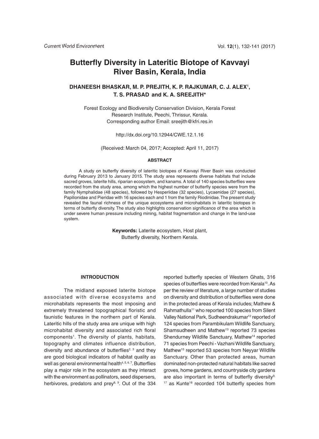 Butterfly Diversity in Lateritic Biotope of Kavvayi River Basin, Kerala, India