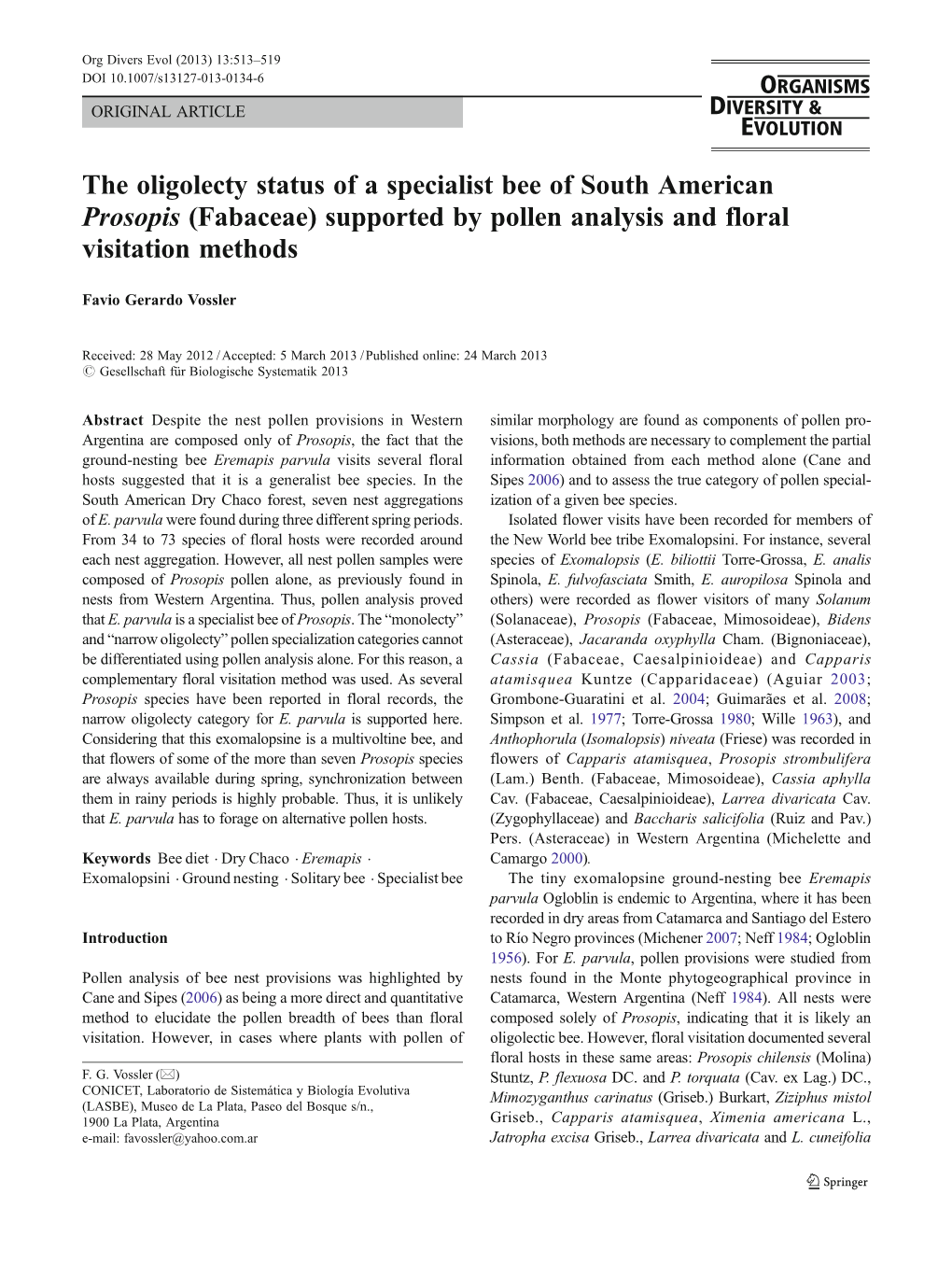 (Fabaceae) Supported by Pollen Analysis and Floral Visitation Methods