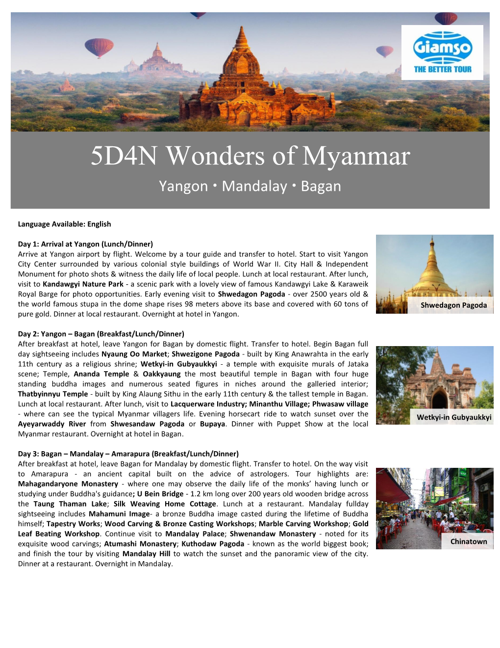 5D4N Wonders of Myanmar Yangon  Mandalay  Bagan