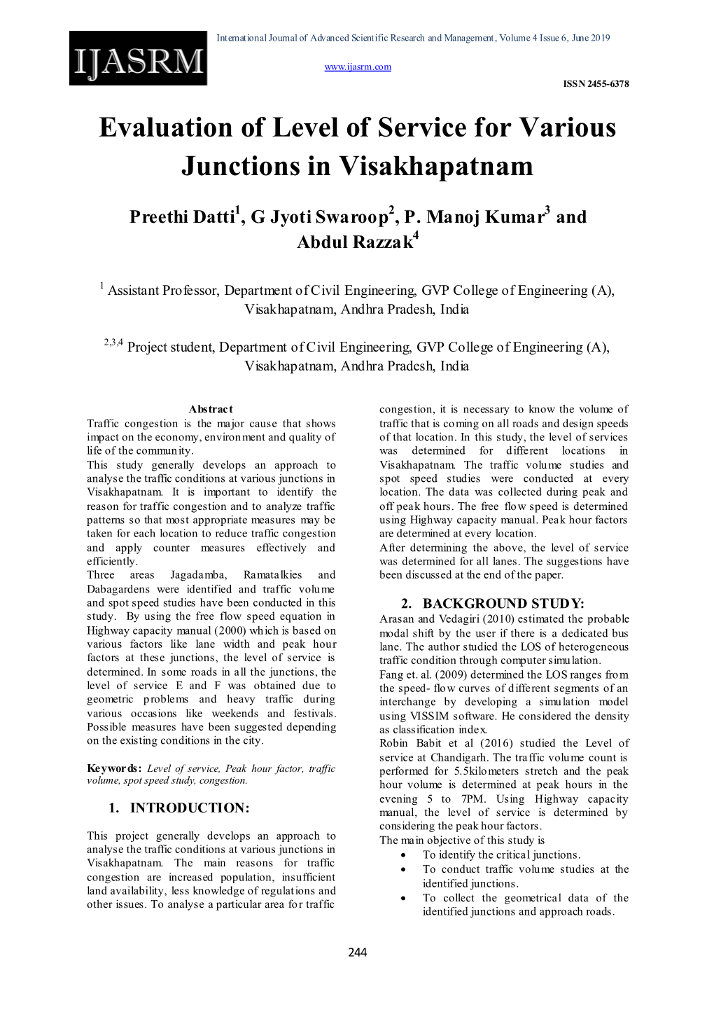 Evaluation of Level of Service for Various Junctions in Visakhapatnam