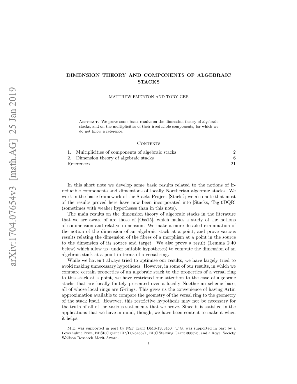 Dimension Theory and Components of Algebraic Stacks