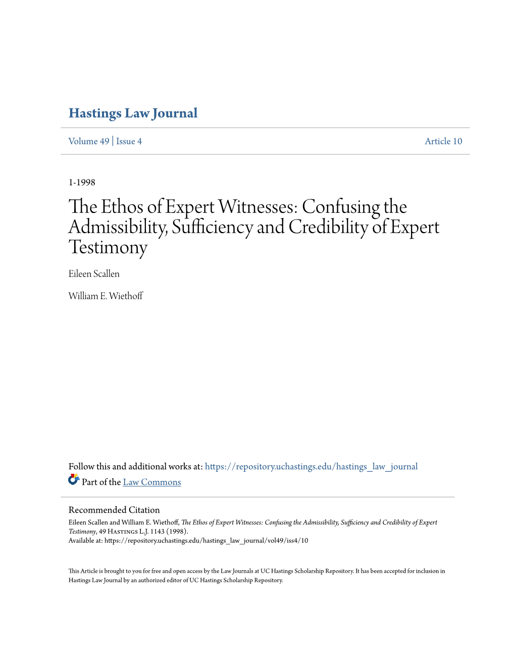 The Ethos of Expert Witnesses: Confusing the Admissibility, Sufficiency and Credibility of Expert Testimony, 49 Hastings L.J