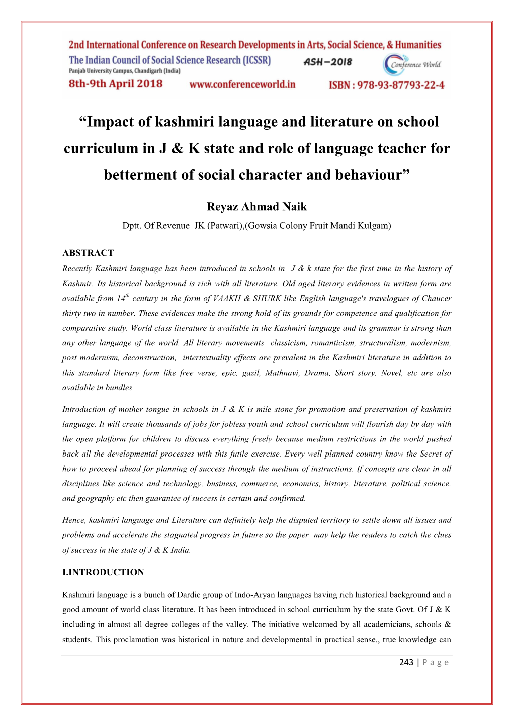 “Impact of Kashmiri Language and Literature on School Curriculum in J & K State and Role of Language Teacher for Betterment of Social Character and Behaviour”