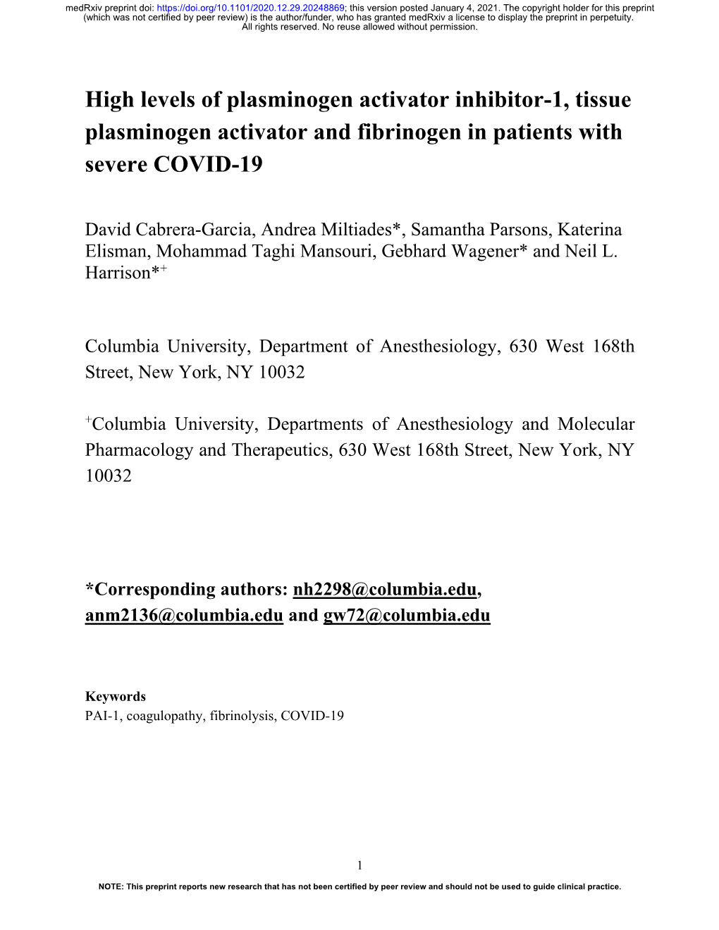 High Levels of Plasminogen Activator Inhibitor-1, Tissue Plasminogen Activator and Fibrinogen in Patients with Severe COVID-19